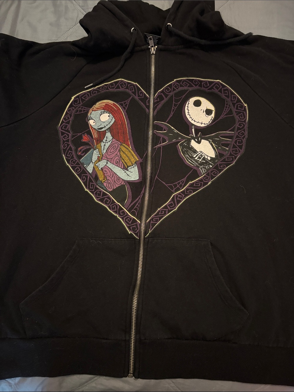 Women’s Disney Jack and Sally Black Zip-Up Hoodie with Heart Graphic